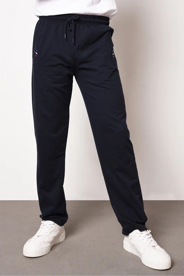 dewberry 15740 Dewberry Zipper Pocket Embroidery Detailed Sweatpants-NAVY