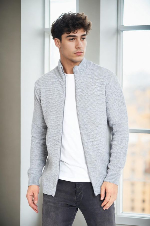 dewberry 65801 Dewberry Zippered Knitwear Cardigan-LIGHT GREY