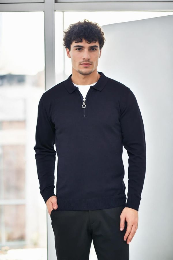 dewberry 82155 Dewberry Polo Neck Half Zipper Slim Fit Mens Sweater-NAVY