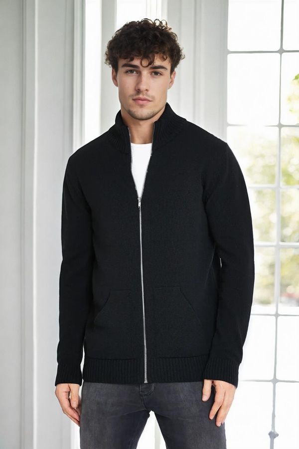 dewberry 83582 Dewberry Zippered Knitwear Mens Cardigan with Pocket-BLACK