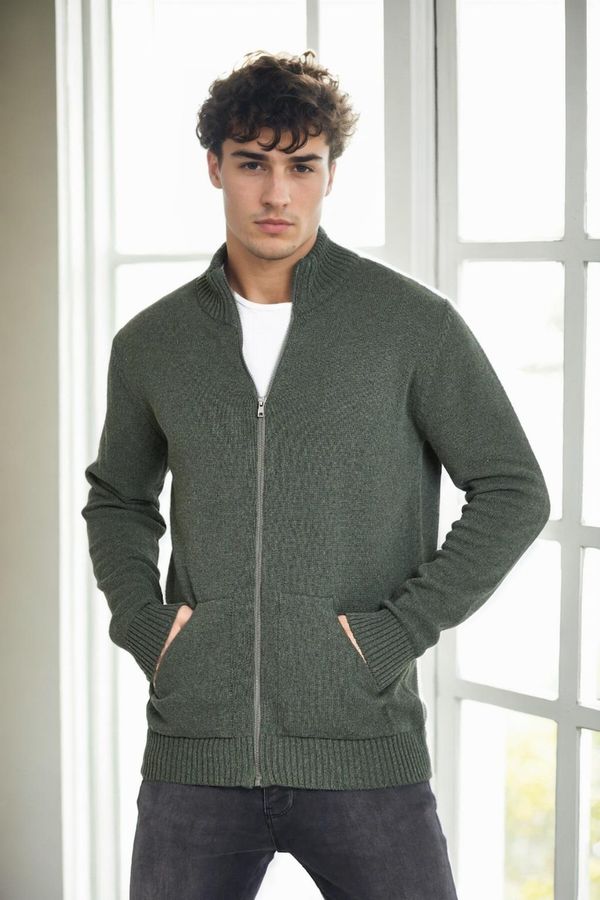 dewberry 83582 Dewberry Zippered Knitwear Mens Cardigan with Pocket-Khaki