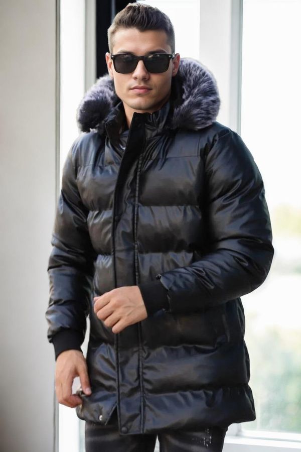 dewberry 89545 Dewberry Hooded Shiny Mens PU Jacket-BLACK