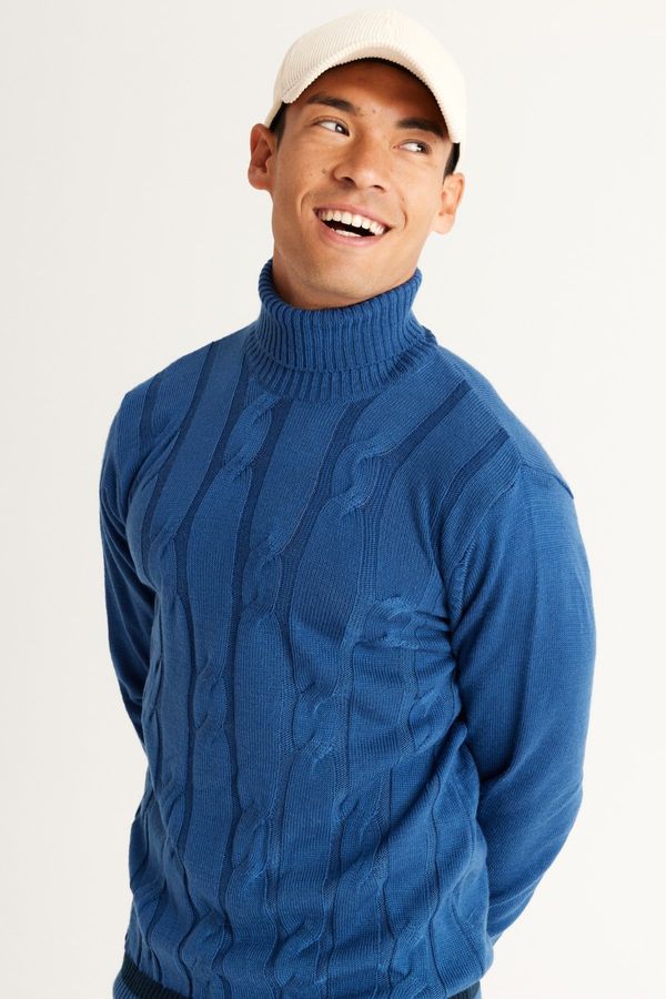 AC&Co / Altınyıldız Classics AC&Co / Altınyıldız Classics Men's Aviator Blue Standard Fit Normal Cut Full Turtleneck Jacquard Knitwear Sweater.