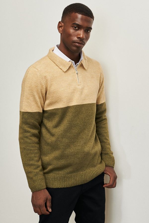AC&Co / Altınyıldız Classics AC&Co / Altınyıldız Classics Men's Beige Khaki Standard Fit Normal Cut Polo Neck Raised Soft Textured Knitwear Sweater
