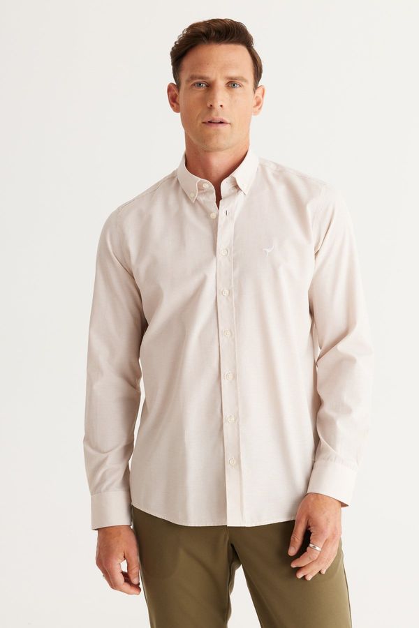 AC&Co / Altınyıldız Classics AC&Co / Altınyıldız Classics Men's Beige-White Slim Fit Slim Fit Button-down Collar Cotton Striped Shirt