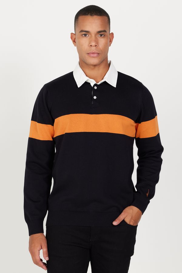AC&Co / Altınyıldız Classics AC&Co / Altınyıldız Classics Men's Black-Mustard Standard Fit Regular Cut Polo Neck 100% Cotton Patterned Knitwear Sweater