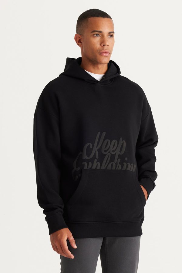 AC&Co / Altınyıldız Classics AC&Co / Altınyıldız Classics Men's Black Oversize Fit Loose-Fit Hooded 3 Thread Printed Sweatshirt with Fleece Inside