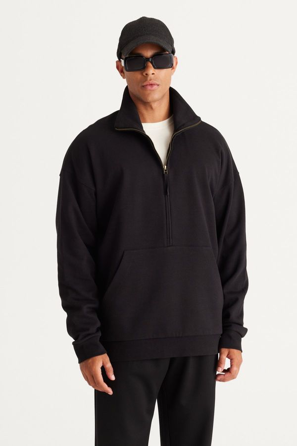 AC&Co / Altınyıldız Classics AC&Co / Altınyıldız Classics Men's Black Oversize Loose Fit Fleece Thread Standing Bato Collar Cotton Sweatshirt
