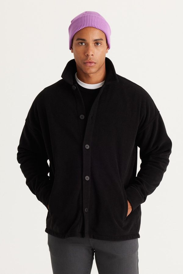 AC&Co / Altınyıldız Classics AC&Co / Altınyıldız Classics Men's Black Oversized Loose Fit Classic Collar Anti-Pilling Winter Comfortable Fleece Shirt.