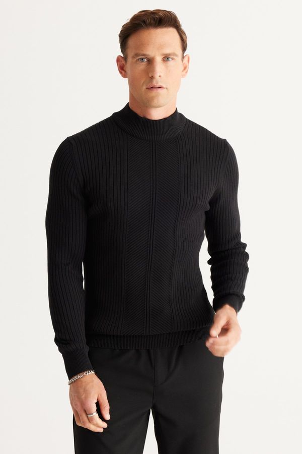 AC&Co / Altınyıldız Classics AC&Co / Altınyıldız Classics Men's Black Slim Fit Slim-Fit Cut Half Turtleneck Cotton Jacquard Knitwear Sweater.