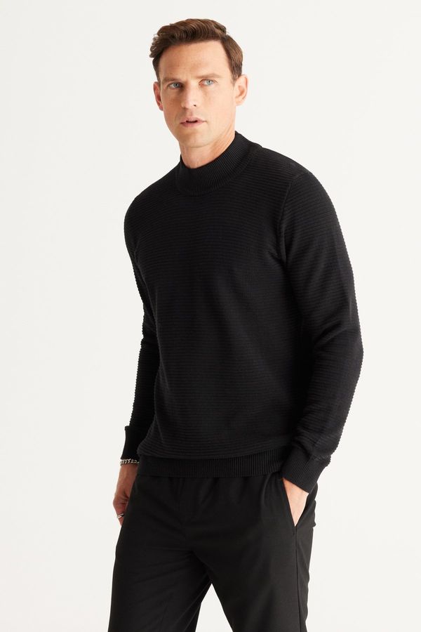 AC&Co / Altınyıldız Classics AC&Co / Altınyıldız Classics Men's Black Standard Fit Half Turtleneck Cotton Patterned Knitwear Sweater