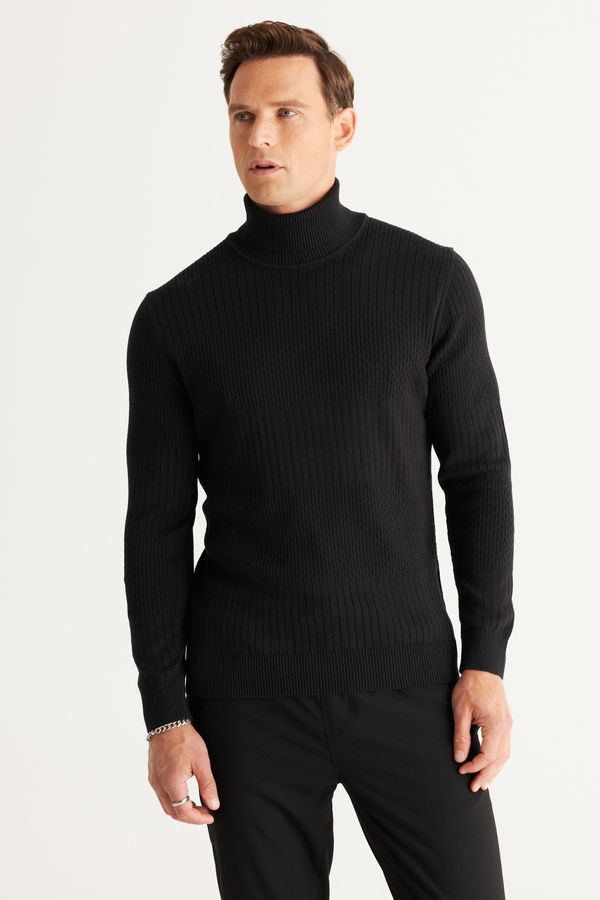 AC&Co / Altınyıldız Classics AC&Co / Altınyıldız Classics Men's Black Standard Fit Regular Fit Full Turtleneck Cotton Jacquard Knitwear Sweater