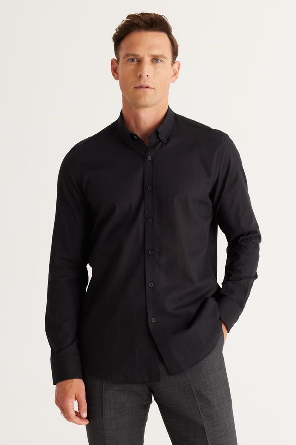 AC&Co / Altınyıldız Classics AC&Co / Altınyıldız Classics Men's Black Tailored Slim Fit Slim Fit Buttoned Collar Linen Look 100% Cotton Flamed Shirt