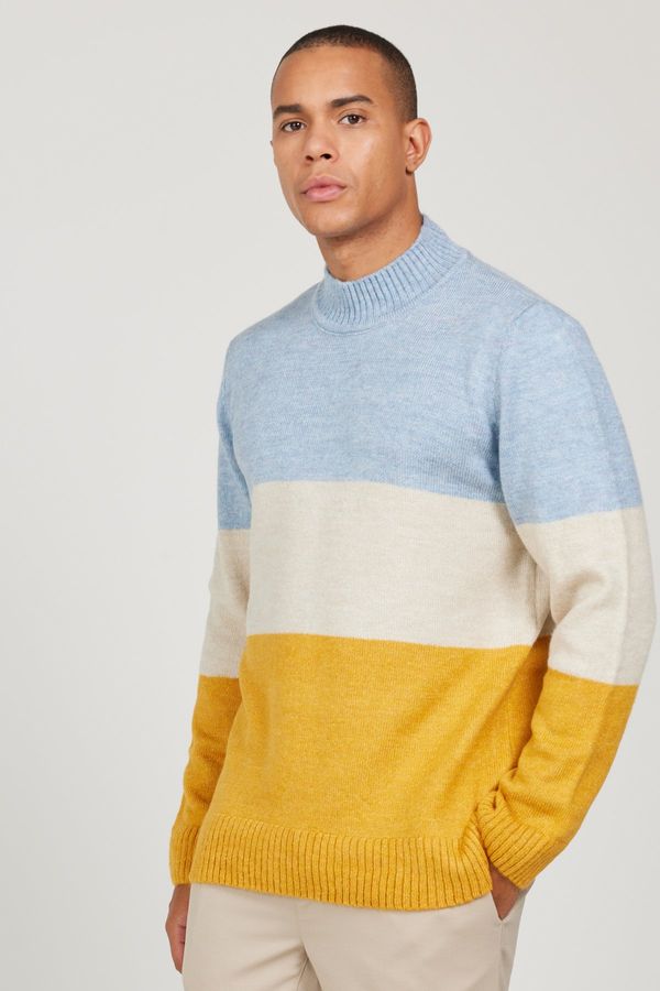 AC&Co / Altınyıldız Classics AC&Co / Altınyıldız Classics Men's Blue-mustard Standard Fit Regular Cut Half Turtleneck Raised Soft Textured Knitwear Sweater