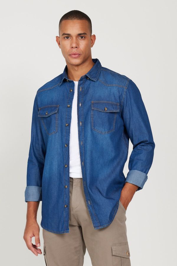 AC&Co / Altınyıldız Classics AC&Co / Altınyıldız Classics Men's Blue Slim Fit Slim-Fit Cut Collar Hidden Buttons 100% Cotton Denim Shirt.
