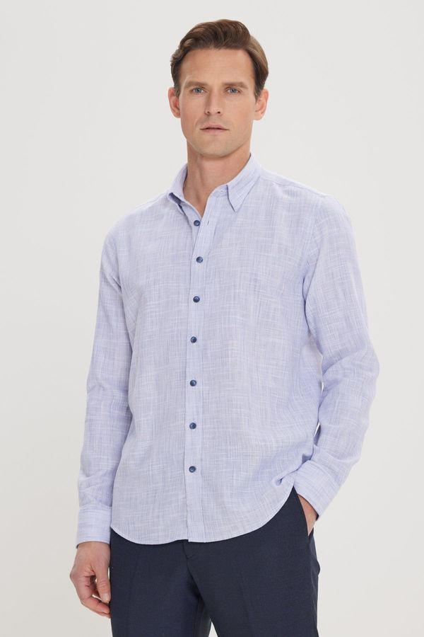 AC&Co / Altınyıldız Classics AC&Co / Altınyıldız Classics Men's Blue Slim Fit Slim Fit Shirt with Hidden Buttons Collar Linen-Looking 100% Cotton Flared Shirt.