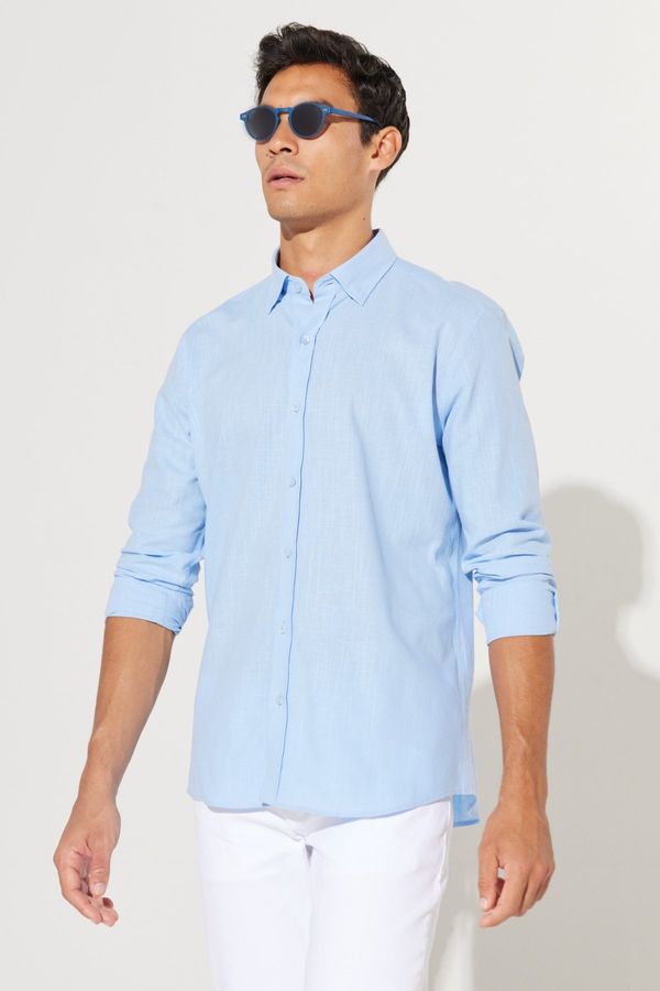 AC&Co / Altınyıldız Classics AC&Co / Altınyıldız Classics Men's Blue Tailored Slim Fit Slim Fit Buttoned Collar Linen Look 100% Cotton Flamed Shirt