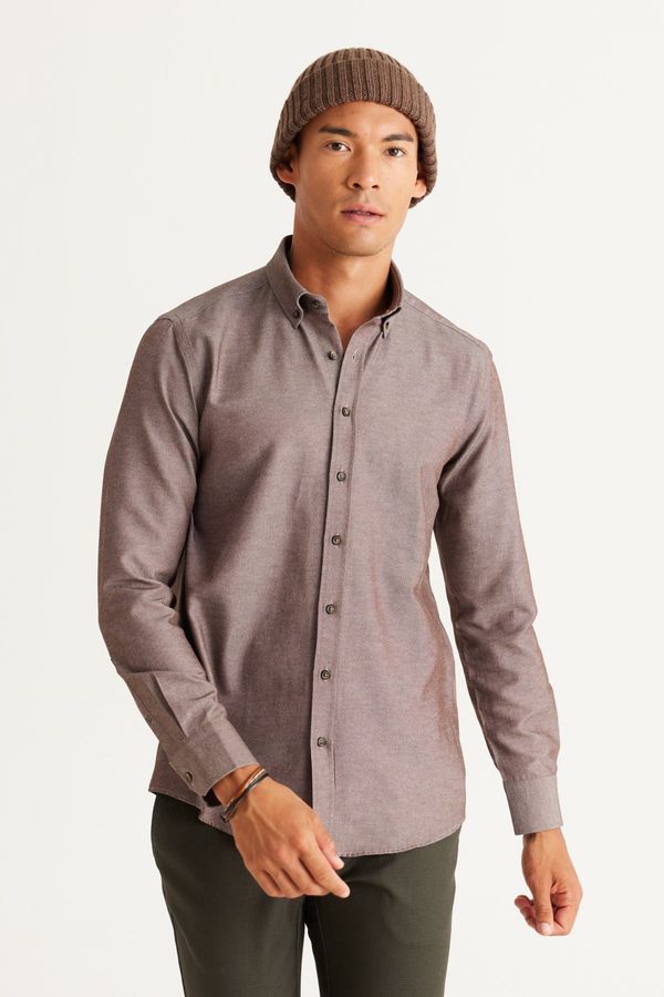 AC&Co / Altınyıldız Classics AC&Co / Altınyıldız Classics Men's Brown Buttoned Collar Easy to Iron Cotton Slim Fit Slim Fit Oxford Shirt