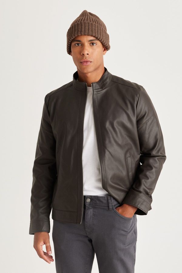 AC&Co / Altınyıldız Classics AC&Co / Altınyıldız Classics Men's Brown Standard Fit Normal Cut High Neck Faux Leather Jacket