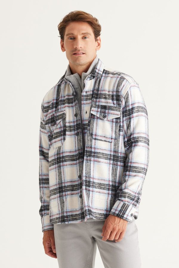 AC&Co / Altınyıldız Classics AC&Co / Altınyıldız Classics Men's Ecru Blue Oversize Wide Cut Buttoned Collar Pocket Checkered Lumberjack Winter Shirt Jacket