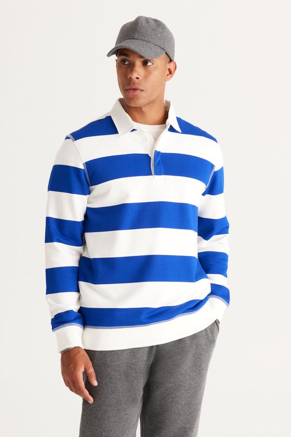 AC&Co / Altınyıldız Classics AC&Co / Altınyıldız Classics Men's Ecru Blue Standard Fit Normal Cut Inner Fleece 3 Thread Polo Neck Cotton Sweatshirt