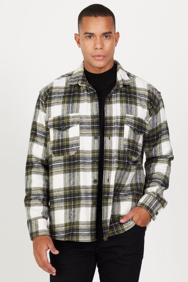 AC&Co / Altınyıldız Classics AC&Co / Altınyıldız Classics Men's Ecru Khaki Oversize Wide Cut Buttoned Collar Pocket Checkered Lumberjack Winter Shirt Jacket