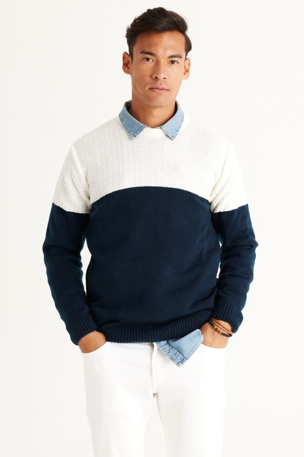 AC&Co / Altınyıldız Classics AC&Co / Altınyıldız Classics Men's Ecru-navy blue Standard Fit Normal Cut Crew Neck Colorblok Patterned Knitwear Sweater.