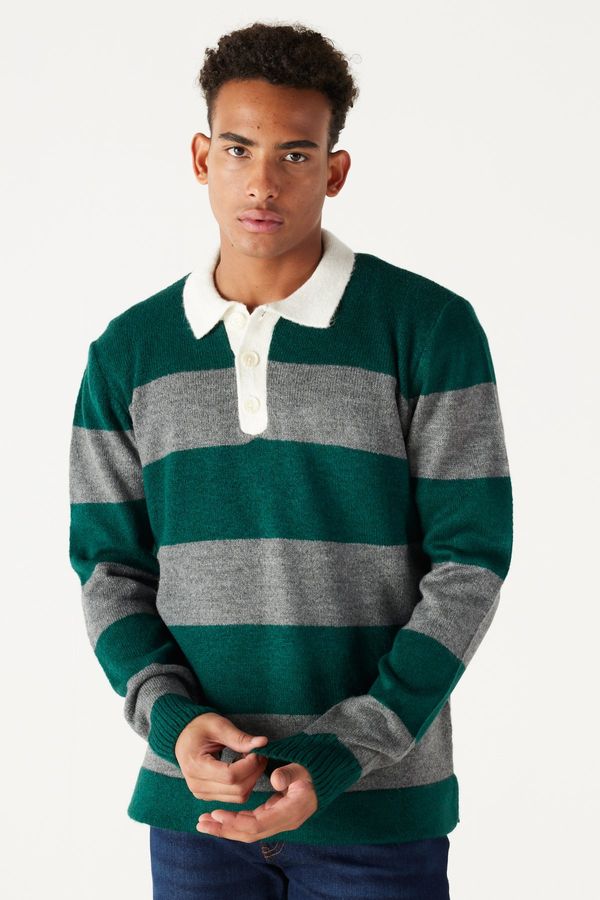 AC&Co / Altınyıldız Classics AC&Co / Altınyıldız Classics Men's Green-gray Standard Fit Regular Fit Polo Neck Striped Raised Soft Textured Knitwear Sweater