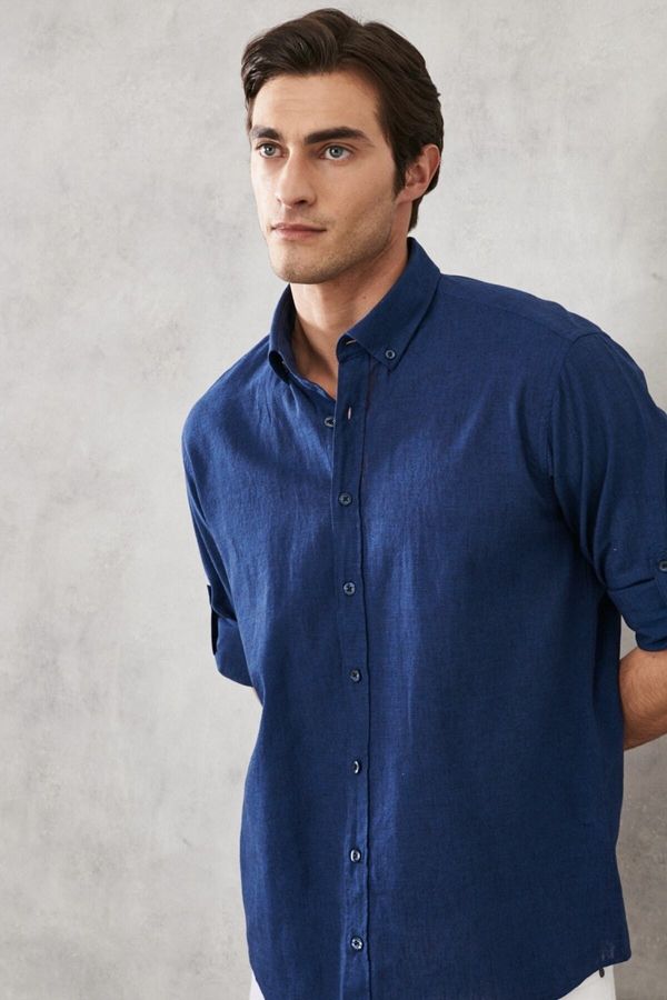 AC&Co / Altınyıldız Classics AC&Co / Altınyıldız Classics Men's Indigo Comfort Fit Relaxed Cut Linen Buttoned Collar Casual Shirt