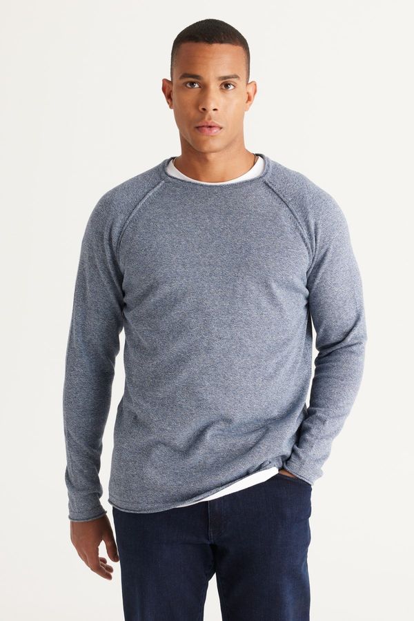 AC&Co / Altınyıldız Classics AC&Co / Altınyıldız Classics Men's Indigo-ecru Standard Fit Regular Fit Crew Neck Cotton Muline Patterned Knitwear Sweater