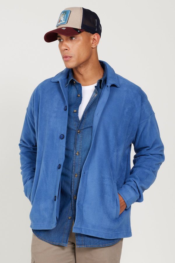 AC&Co / Altınyıldız Classics AC&Co / Altınyıldız Classics Men's Indigo Oversize Loose Fit Classic Collar Anti-Pilling Winter Comfortable Fleece Shirt.