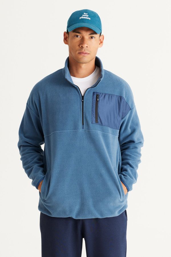 AC&Co / Altınyıldız Classics AC&Co / Altınyıldız Classics Men's Indigo Oversize Wide Cut High Bato Neck Pocket Detailed Zippered Warm Fleece Sweatshirt