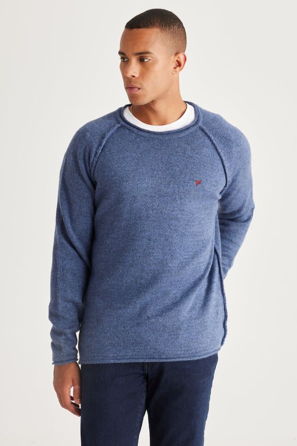 AC&Co / Altınyıldız Classics AC&Co / Altınyıldız Classics Men's Indigo Standard Fit Regular Cut Crew Neck Ruffled Soft Textured Knitwear Sweater