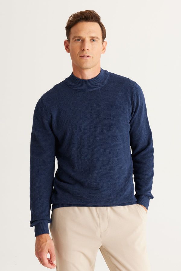AC&Co / Altınyıldız Classics AC&Co / Altınyıldız Classics Men's Indigo Standard Fit Regular Cut Half Turtleneck Cotton Jacquard Knitwear Sweater