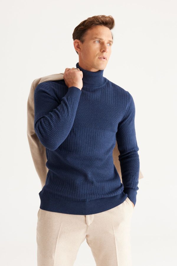 AC&Co / Altınyıldız Classics AC&Co / Altınyıldız Classics Men's Indigo Standard Fit Regular Fit Full Turtleneck Cotton Jacquard Knitwear Sweater