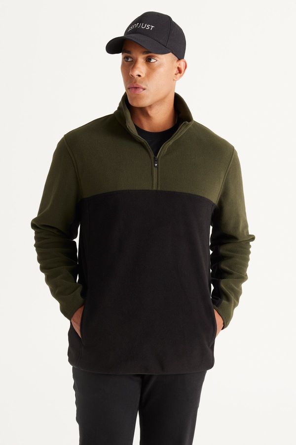 AC&Co / Altınyıldız Classics AC&Co / Altınyıldız Classics Men's Khaki-black Anti-pilling Anti-Pilling Standard Fit Stand Up Collar Fleece Fleece Sweatshirt