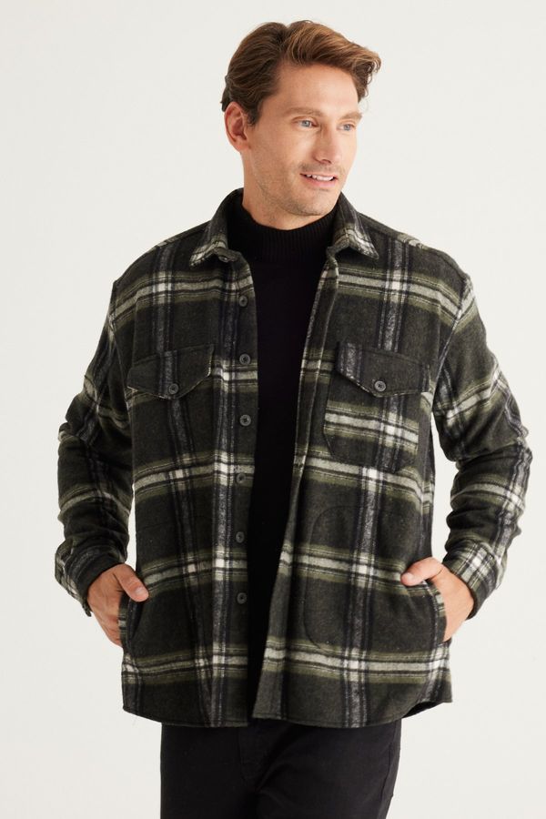 AC&Co / Altınyıldız Classics AC&Co / Altınyıldız Classics Men's Khaki-black Oversize Wide Cut Buttoned Collar Plaid Lumberjack Winter Shirt Jacket