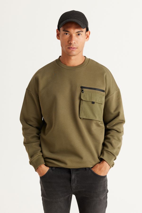 AC&Co / Altınyıldız Classics AC&Co / Altınyıldız Classics Men's Khaki Oversize Wide-Fit Fleece Yarn Crew Neck 100% Cotton Sweatshirt