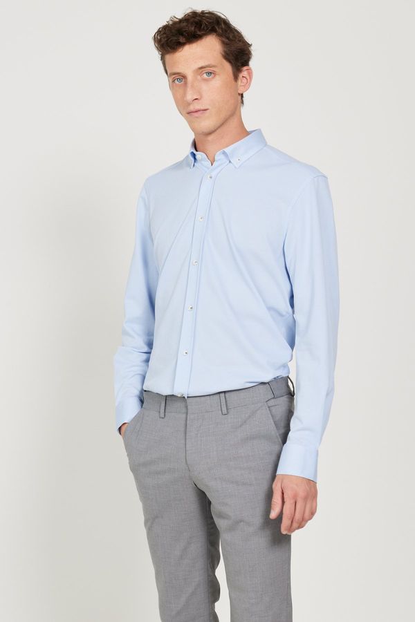 AC&Co / Altınyıldız Classics AC&Co / Altınyıldız Classics Men's Light Blue Comfort Ft Comfy Cut Buttoned Collar Cotton Dobby Linen Shirt.