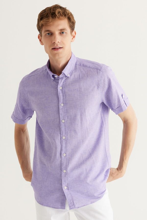 AC&Co / Altınyıldız Classics AC&Co / Altınyıldız Classics Men's Lilac Slim Fit Slim Fit Buttoned Collar Short Sleeved Linen Shirt.
