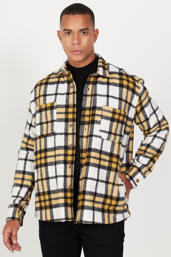 AC&Co / Altınyıldız Classics AC&Co / Altınyıldız Classics Men's Mustard-black Oversize Wide Cut Buttoned Collar Pocket Checkered Lumberjack Winter Shirt Jacket
