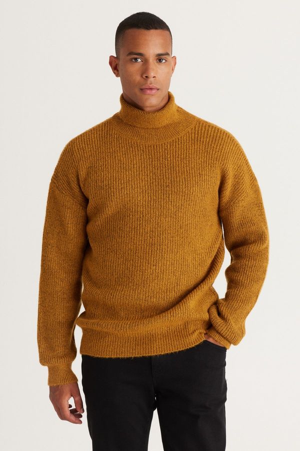 AC&Co / Altınyıldız Classics AC&Co / Altınyıldız Classics Men's Mustard Oversize Loose Fit Full Turtleneck Patterned Rayon Soft Textured Knitwear Sweater