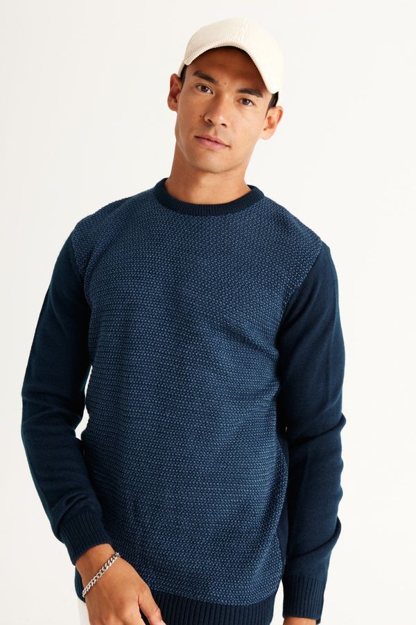 AC&Co / Altınyıldız Classics AC&Co / Altınyıldız Classics Men's Navy Blue-Blue Standard Fit Normal Cut Crew Neck Honeycomb Patterned Knitwear Sweater.