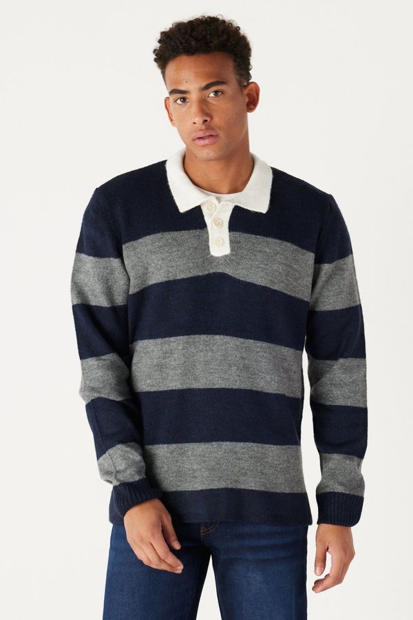 AC&Co / Altınyıldız Classics AC&Co / Altınyıldız Classics Men's Navy Blue-gray Standard Fit Regular Fit Polo Neck Striped Soft Textured Knitwear Sweater