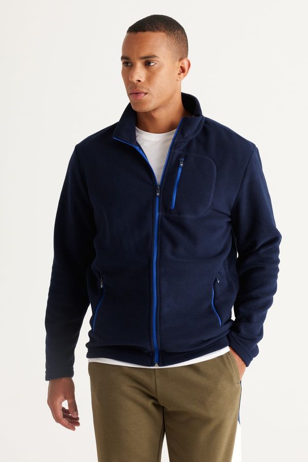 AC&Co / Altınyıldız Classics AC&Co / Altınyıldız Classics Men's Navy Blue Standard Fit High Bato Collar Pocket Zipper Cold Proof Sweatshirt Fleece Jacket