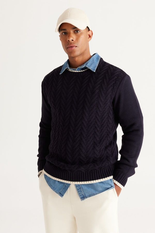 AC&Co / Altınyıldız Classics AC&Co / Altınyıldız Classics Men's Navy Blue Standard Fit Regular Cut Crew Neck Patterned Knitwear Sweater