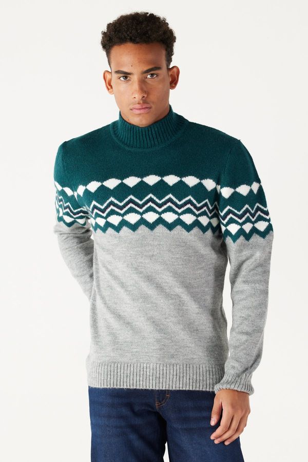 AC&Co / Altınyıldız Classics AC&Co / Altınyıldız Classics Men's Petrol Gray Standard Fit Normal Cut Half Turtleneck Raised Soft Textured Knitwear Sweater