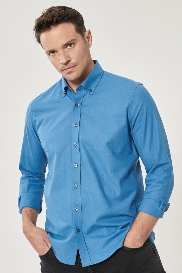 AC&Co / Altınyıldız Classics AC&Co / Altınyıldız Classics Men's Petrol Slim Fit Buttoned Collar Linen Look 100% Cotton Flared Shirt