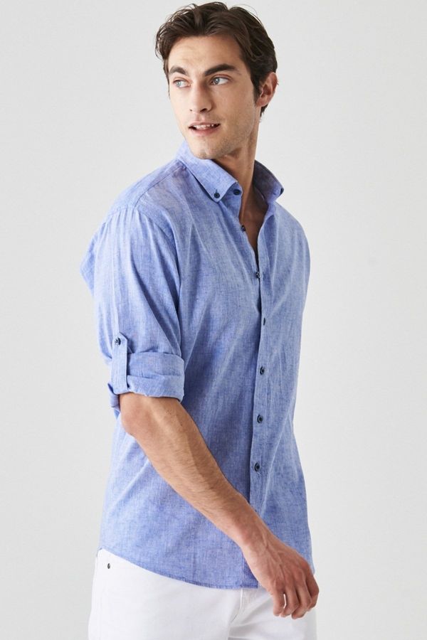 AC&Co / Altınyıldız Classics AC&Co / Altınyıldız Classics Men's Saks Blue Comfort Fit Relaxed Cut Linen Buttoned Collar Casual Shirt