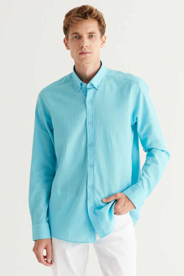 AC&Co / Altınyıldız Classics AC&Co / Altınyıldız Classics Men's Turquoise Tailored Slim Fit Buttoned Collar Linen Look 100% Cotton Flamed Shirt